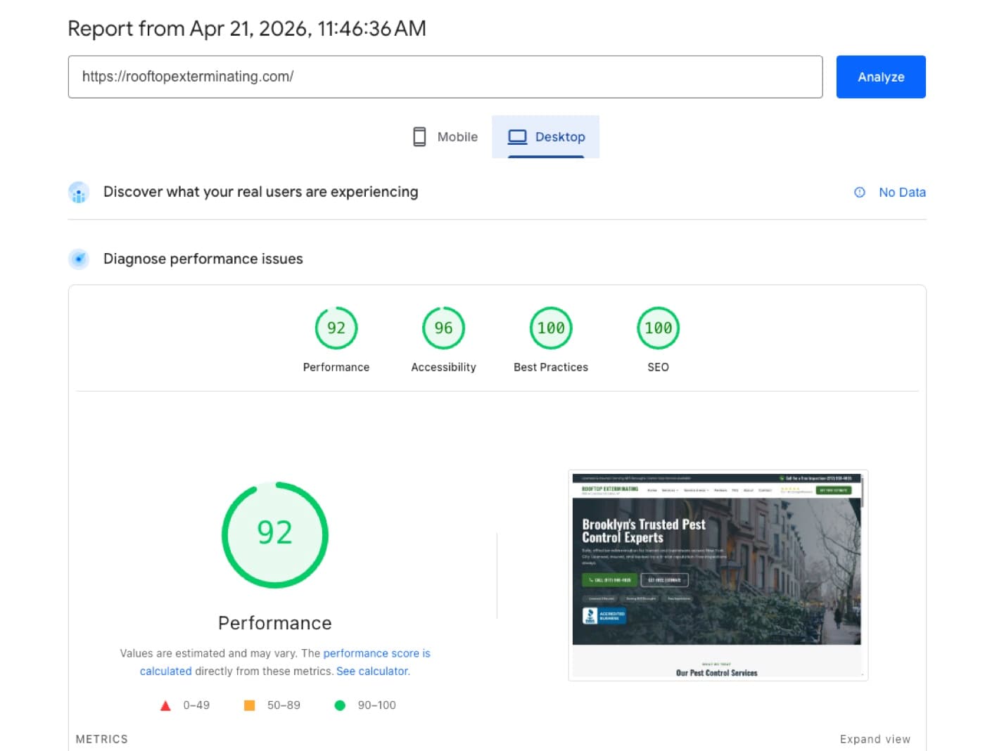 PageSpeed scores on the new Next.js site, 95+ across the board
