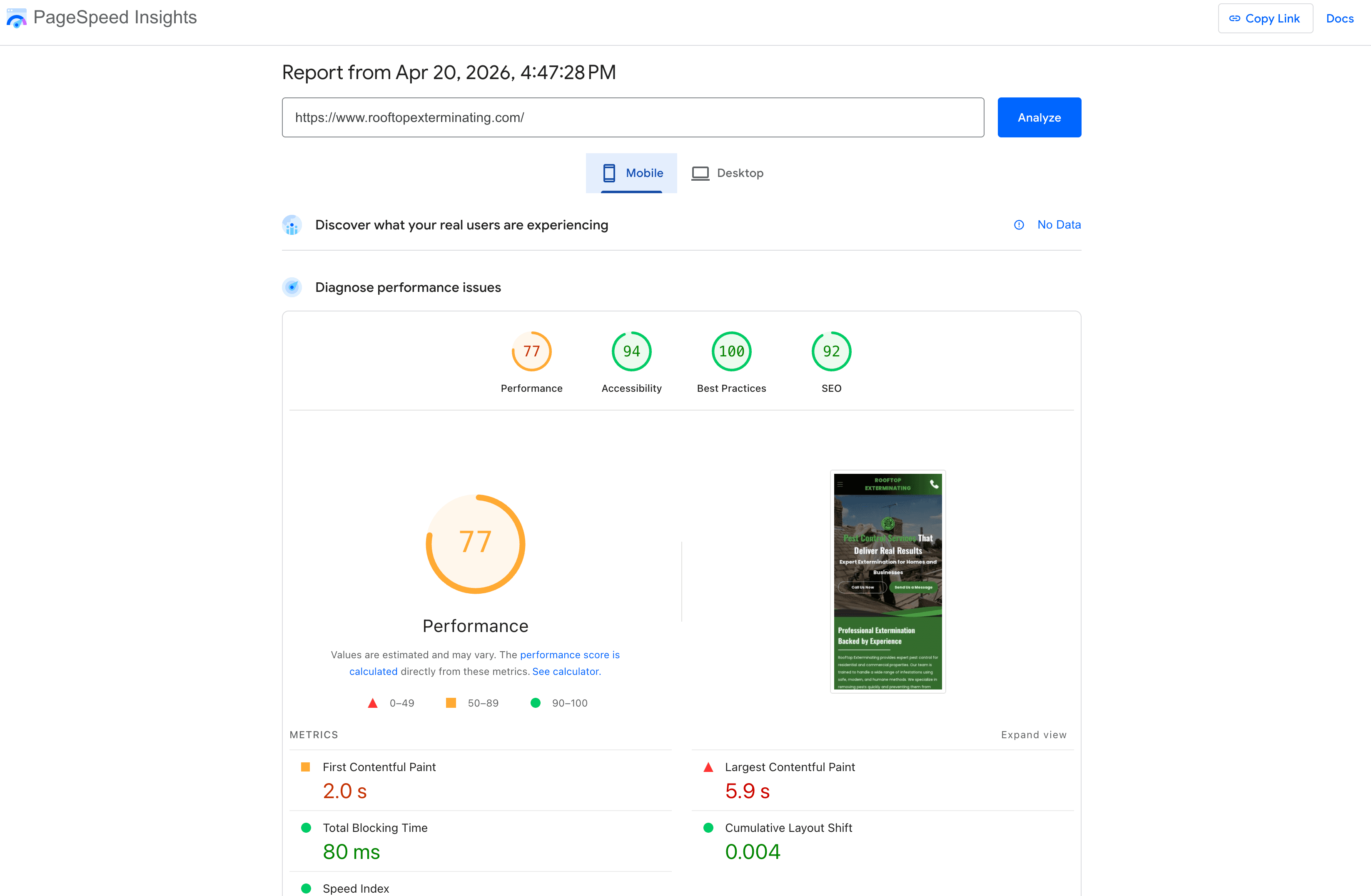 PageSpeed scores on the old Thryv site, red across the board