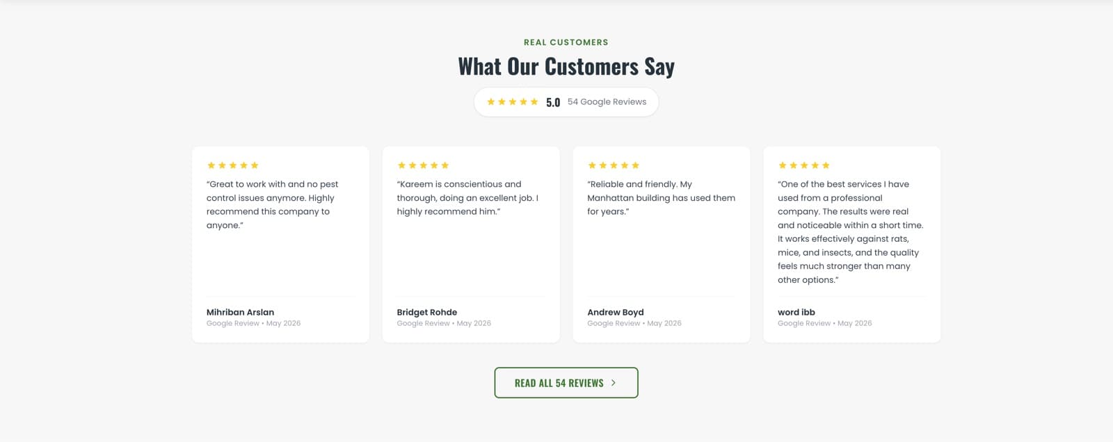 Rooftop Exterminating reviews section, 5.0 star rating on display