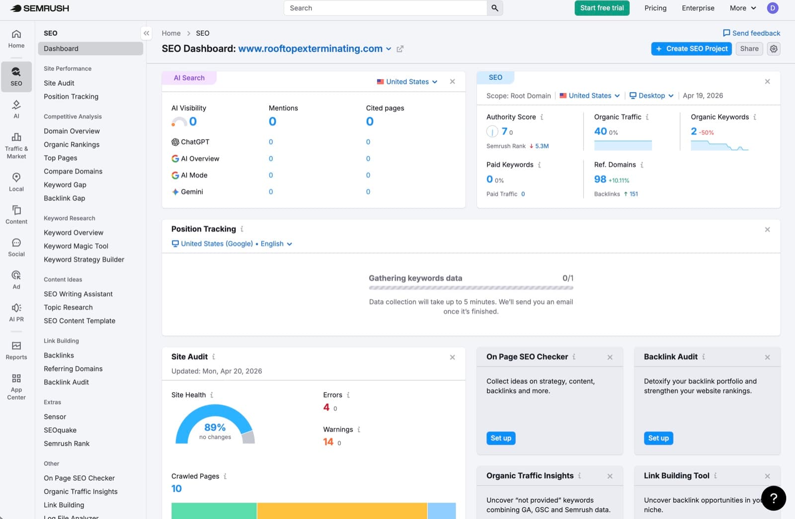 SEMrush organic traffic trend for Rooftop Exterminating after the relaunch